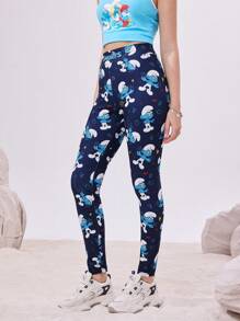 The Smurfs X SHEIN Women's Summer Navy Blue Cute High Waist Cartoon Pattern Leggings Cycling Leggings Vacation