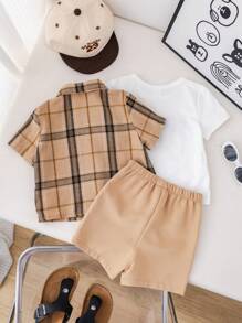 SHEIN 3pcs/Set Baby Boy Cute Summer Casual Plaid Short Sleeve Shirt, Elastic Waist Shorts, Letter Printed White T-Shirt Outfit - Multicolor - View 2
