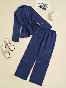 INAWLY Ladies' Spring/Summer Gold Foil Shirt & Pants Casual 2 Pieces Set Fall Cloth For Women