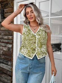 SHEIN LUNE Blusas de talla grande para mujer para el verano, blusas de verano, blusas para vacaciones, blusas de playa para mujer, nuevos diseños de verano, sencillos y de moda, para la escuela y la oficina - Verde - Ver 4