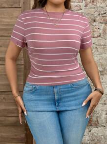 SHEIN LUNE Plus Size Striped Short Sleeve T-Shirt, Fashionable For Summer - Pink - View 3