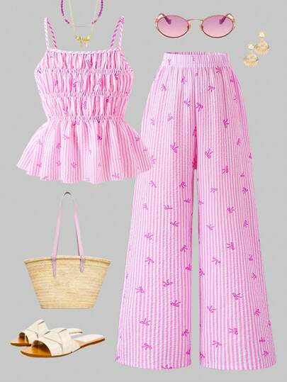 Sparklyn Randig topp med rosett och raka byxor för flickor, 2-delat outfit i julstil