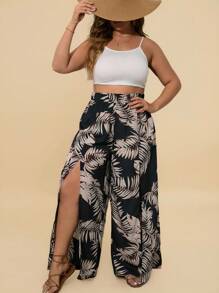 Travachic Plus Tropical Print Split Thigh Wide Leg Trousers - Multicolor - View 5