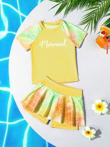 SHEIN 女童吊带比基尼泳衣，两件式美人鱼设计短袖短裤 - 彩色 - 查看 1