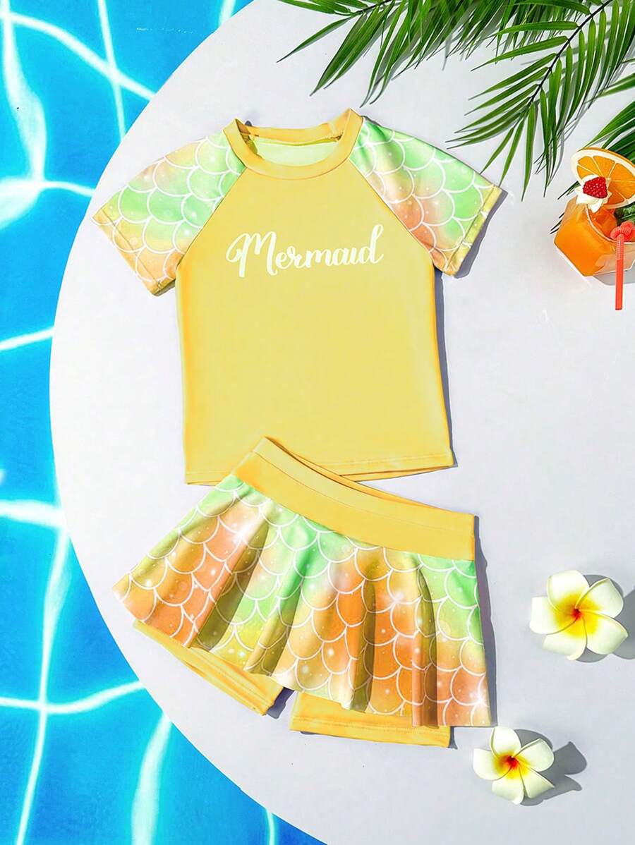 SHEIN 女童吊带比基尼泳衣，两件式美人鱼设计短袖短裤 - 彩色 - 查看 1