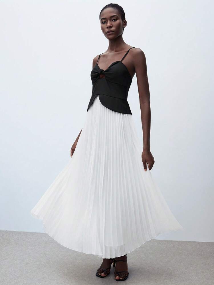 SHEIN Maija Robe longue plissée style A-line en contraste noir et blanc, mode minimaliste élégante pour l'automne, convient pour les fêtes, les sorties, polyvalente