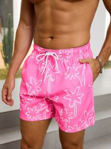 Manfinity VDAYZ Men's Floral Print Pocket Drawstring Waist Beach Shorts, Suitable For Summer, Hawaiian Beach Wear Men Beach Shorts