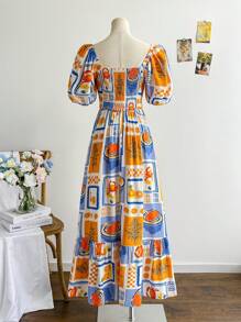 Soleia Đầm Maxi dự tiệc thường ngày họa tiết trái cây và cua nhiều màu sắc cho nữ, tay bồng, viền xếp nếp, lãng mạn, màu cam, họa tiết hoa nhiệt đới xanh lam, mùa hè - Nhiều màu - Xem 2