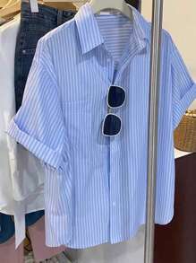 INAWLY Casual Loose Striped Short Sleeve Shirt