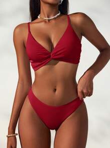 Swim Vcay 女士可调节红色打结抽绳比基尼泳装套装