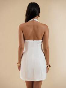 SHEIN BAE Women's Summer Solid Color Sexy Halter Deep V Backless Short Dress