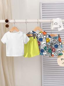 SHEIN 2pcs/Set Boy's Casual Cartoon Print Round Neck T-Shirt And Shorts Set, Suitable For Summer