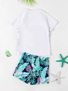 Boys Swimming Trunks Set - Print Rash Guard Shirt & Random Print Brief - Multicolor - View 2
