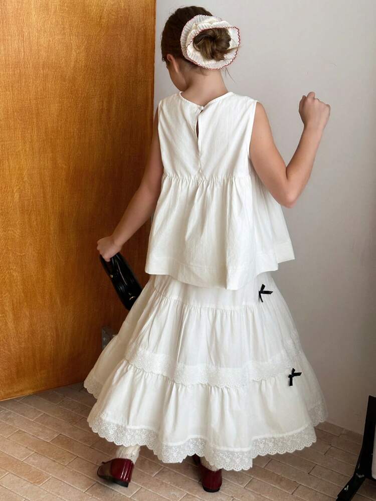 Tween Girls 2pcs Set: Sleeveless Shirt & A-Line Skirt With Bow Decor, Autumn