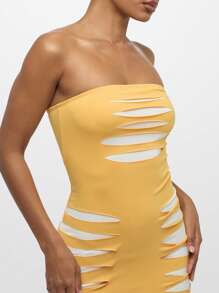 SUMWON WOMEN Mini Bodycon Dress Cut Out Pattern Strapless Club Night Out Party Evening Wear Form Fitting Summer Fashion Statement - Yellow - View 6