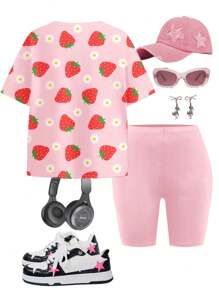 SHEIN 2 件套青少年女孩休闲草莓和雏菊花卉印花短袖 T 恤和紧身短裤套装，适合夏季度假 - 彩色 - 查看 4