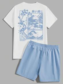 Manfinity Hypemode Bộ áo thun dệt kim màu trắng và quần short in phong cảnh ukiyo-e Nhật Bản màu xanh lam đơn giản - Nhiều màu - Xem 1
