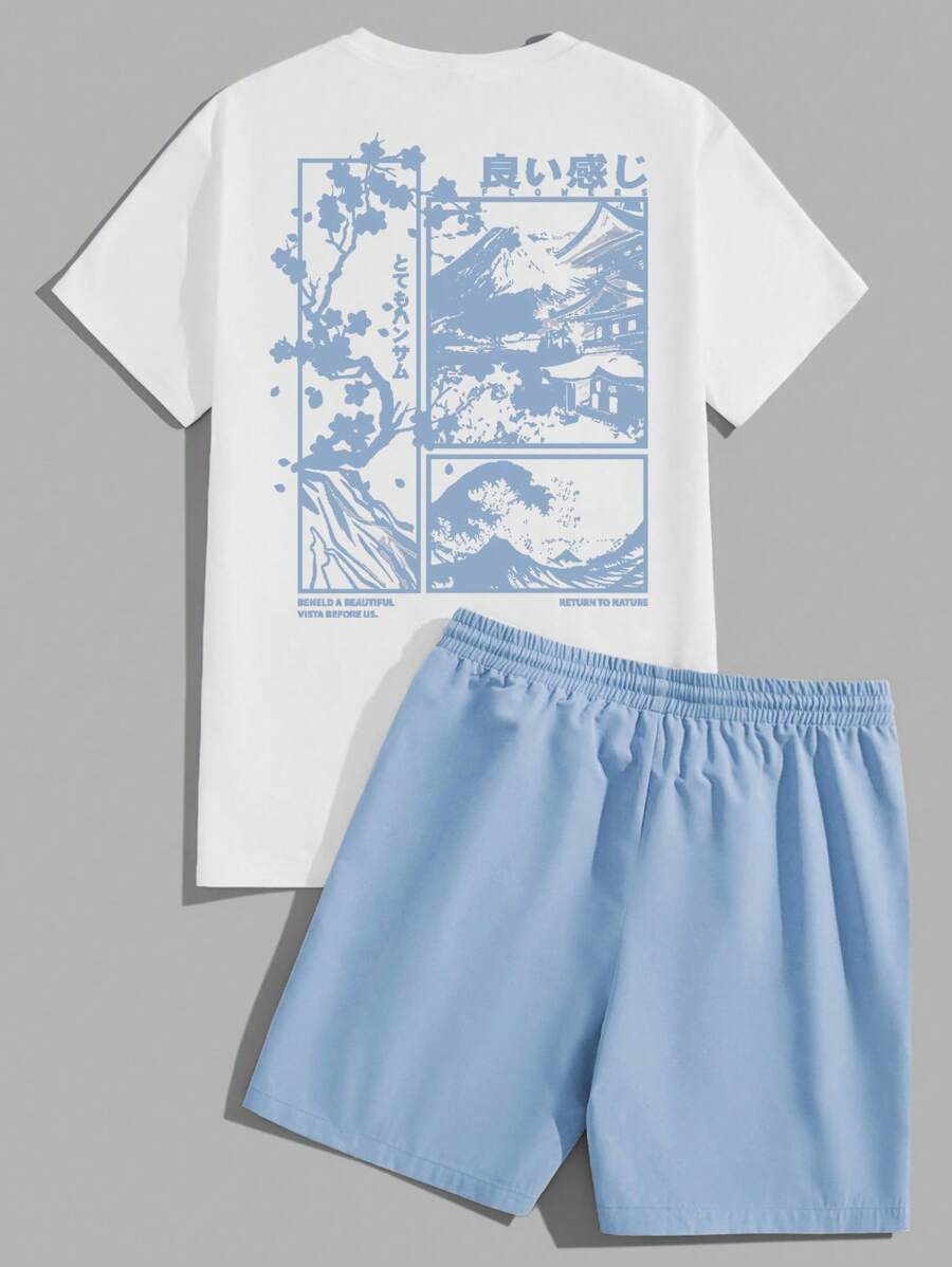 Manfinity Hypemode Bộ áo thun dệt kim màu trắng và quần short in phong cảnh ukiyo-e Nhật Bản màu xanh lam đơn giản - Nhiều màu - Xem 1