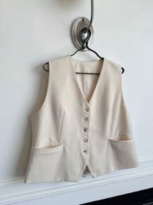 Dazy Plus Solid Color V-Neck Sleeveless Fitted Cropped Vest Jacket - Apricot - View 3