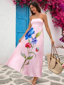Vivid Eden Women's Summer Pink Floral Tropical Strapless Maxi Dress,Elegant Garden Party Vacation Holiday,Hawaii Beach Outfits,Tea Party Birthday Dress - Multicolor - View 3