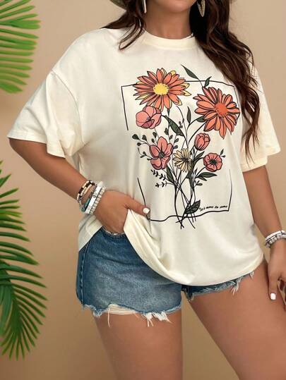 Travachic Plus Size Loose Round Neck Short Sleeve Vacation Summer Boho T-Shirt