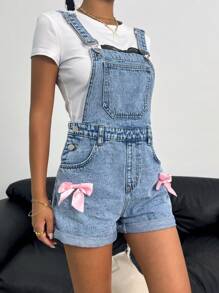 SHEIN 少女粉色蝴蝶结和蓝色牛仔连体衣，春夏休闲度假乡村波西米亚风装 - 淺色水洗藍 - 查看 3