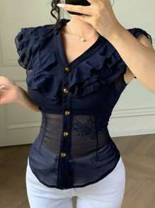 DAZY 女式多层荷叶边拼接修身性感半透明夏季雪纺开衫短袖衬衫 - 藏蓝色 - 查看 8