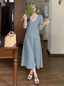 DAZY Váy denim cổ điển màu nhạt có cổ ren, cạp chun, dài - Rửa nhẹ - Xem 7