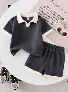 Genkimix Kids 2 件装年轻男孩针织领短袖 Polo 衫和短裤套装，纯色简约运动装 - 深灰色 - 查看 3