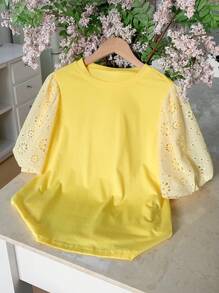 Comfortcana Camiseta de mujer de unicolor con cuello redondo y mangas cortas, simple y de moda, para verano - Amarillo - Ver 4