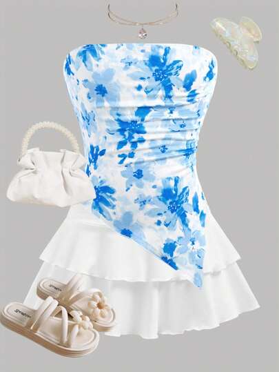 Girlism Conjunto de 2 piezas con top corto estilo bustier con estampado floral y mini falda acampanada con volantes para niñas preadolescentes