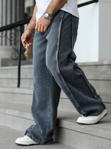 Manfinity Hypemode Men's Plus Size Denim Jeans Casual Modern Fit Grey Wash Long Leg Zipper Fly Loose Wide Leg Denim Pants For Everyday Wear
