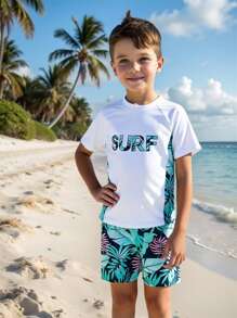 Boys Swimming Trunks Set - Print Rash Guard Shirt & Random Print Brief - Multicolor - View 1