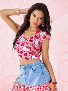 HELLO KITTY AND FRIENDS | SHEIN Women's Cartoon Pattern Halter Neck Short Sleeve Top, Summer - Baby Pink - View 4