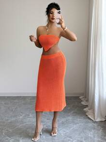 SHEIN Clasi 2pcs/Set Solid Color Knitted Asymmetrical Hem Cropped Top & Orange Skirt Sweater Set - Orange - View 4