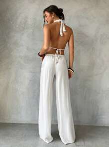 Aloruh 女士春夏新品套装，杏色无袖裹身上衣，系带领口，低腰串珠装饰阔腿裤，女士沙滩装，女士休闲装泳衣罩衫，女士夏季套装，两件套女士亚麻裤，亚麻裤女士泳衣罩衫，节日假期女士沙滩装，度假装女士