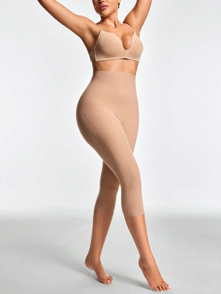 SHEIN Shape Mallas de 7/8 de cintura alta con parches de malla de unicolor que adelgazan para mujeres