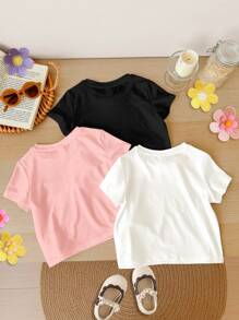 SHEIN 3pcs/Set Baby Girls Black And Pink Summer Casual Vacation Holiday T-Shirts,Round Neck Short Sleeve Island Prints,Palm Tree,Sunset,Bow,Lemon Drink Tee - Multicolor - View 2