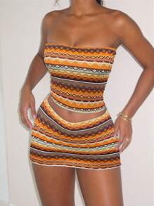INAWLY 2pcs Women Vacation Casual Striped Bandeau Top And Mini Skirt Set - Orange - View 1