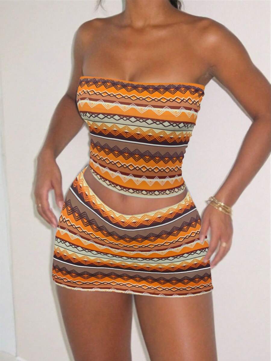 INAWLY 2pcs Women Vacation Casual Striped Bandeau Top And Mini Skirt Set - Orange - View 1