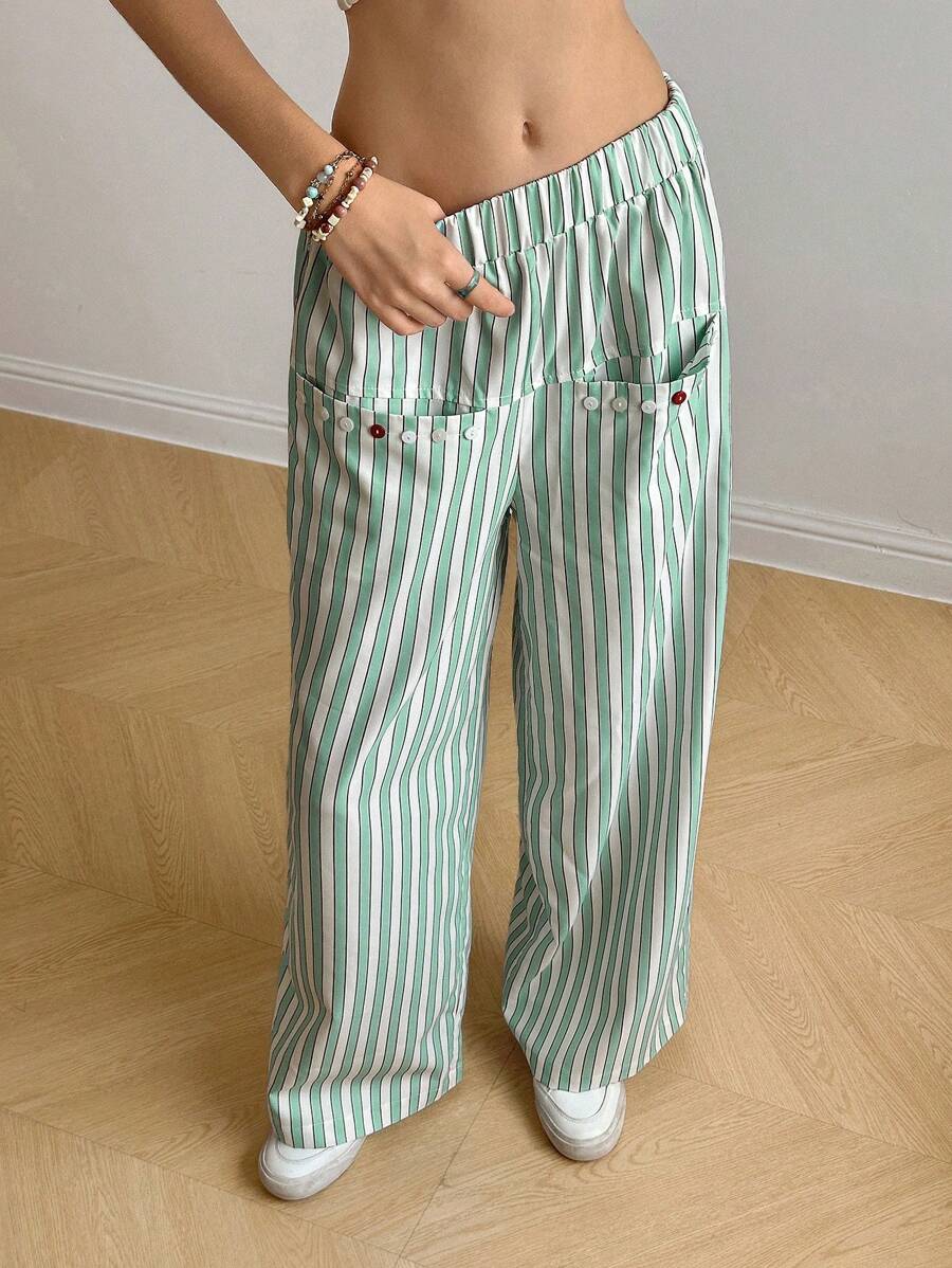 SHEIN Bubbli 女式休闲条纹印花纽扣口袋宽松裤 - 薄荷綠 - 查看 1