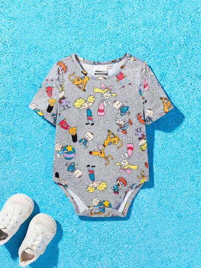 Nick 90s | SHEIN 男婴休闲卡通印花短袖连体衣，夏季