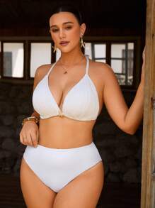 Swim Chiccia 大码女式纯色领口吊带三角比基尼上衣 - 白色 - 查看 3