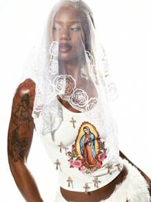 SUMWON WOMEN Y2K Renaissance Art Print Crop Top With Cross Embellishments - White - View 6