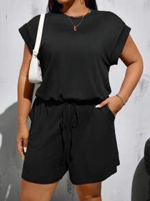 SHEIN Tall Tutina corta senza maniche con cintura in vita, collo rotondo e fiocco, adatta per donna taglia forte, primavera ed estate