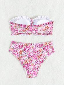 SHEIN Swim 女士海滩夏季服装：新款可爱花卉荷叶边抹胸、可爱碎花、精致珍珠吊坠抽绳比基尼泳装套装 - 彩色 - 查看 3