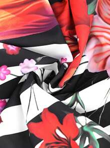 Breezaya Plus Size Round Neck Striped Floral Print Short Sleeve Dress