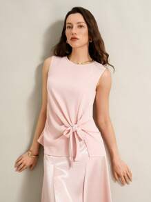 SHEIN Clasi Lotus Root Color Round Neck Bow Decor Women Casual Tank Top - Dusty Pink - View 3