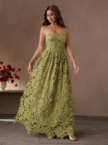 SHEIN Unity Vestito elegante e sexy con bandeau in pizzo traforato e motivo a lisca di pesce - Verde - Visualizzare 4