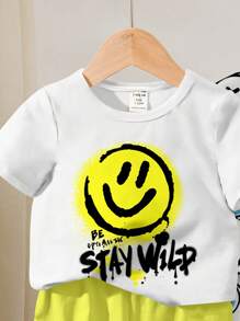 SHEIN 2pcs/Set Boy's Casual Cartoon Print Round Neck T-Shirt And Shorts Set, Suitable For Summer